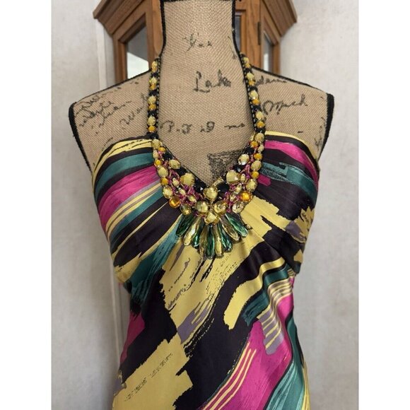 TIFFANY Rainbow Satin Silky Halter Tie Back Maxi Dress Gown Sz 8 Prom Drop Waist - Picture 6 of 12